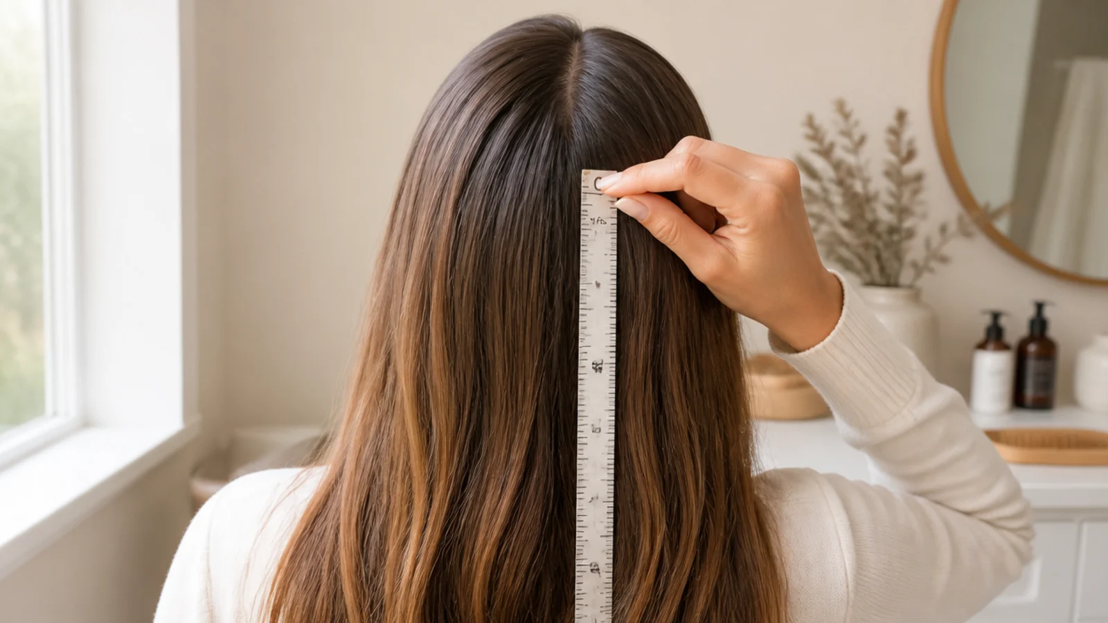 Tape measure held against long hair showing half an inch of monthly hair growth