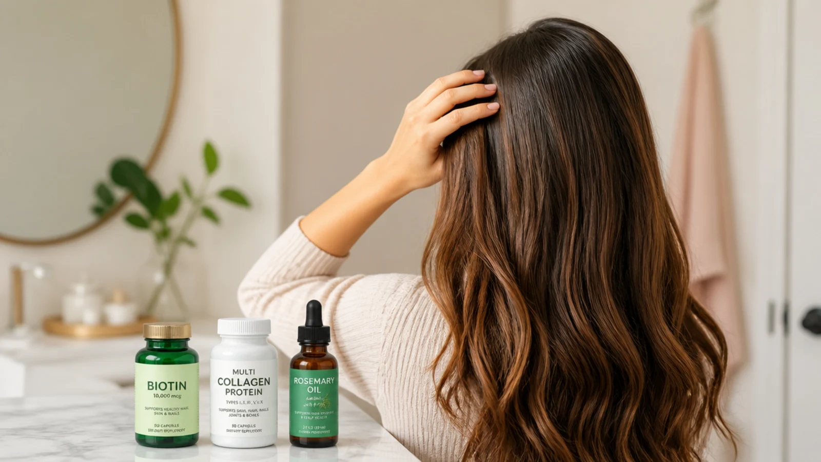 Biotin collagen and rosemary oil bottles lined up for an honest hair growth supplement comparison