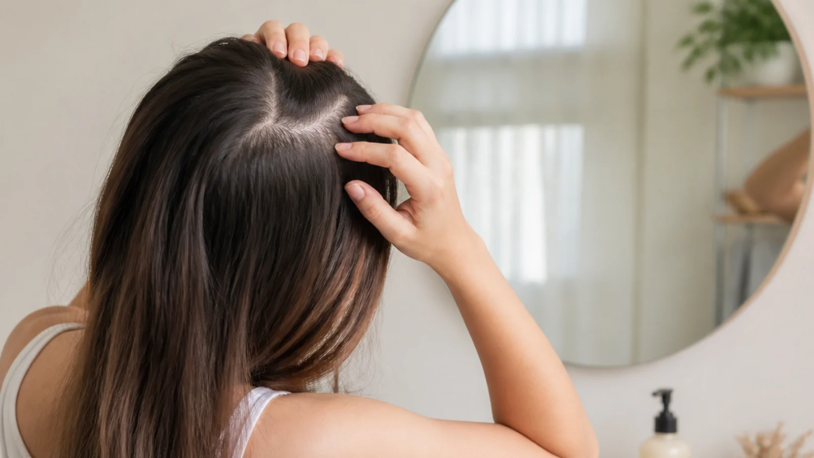 Widening hair part examined in a mirror as a sign to see a dermatologist about hair loss