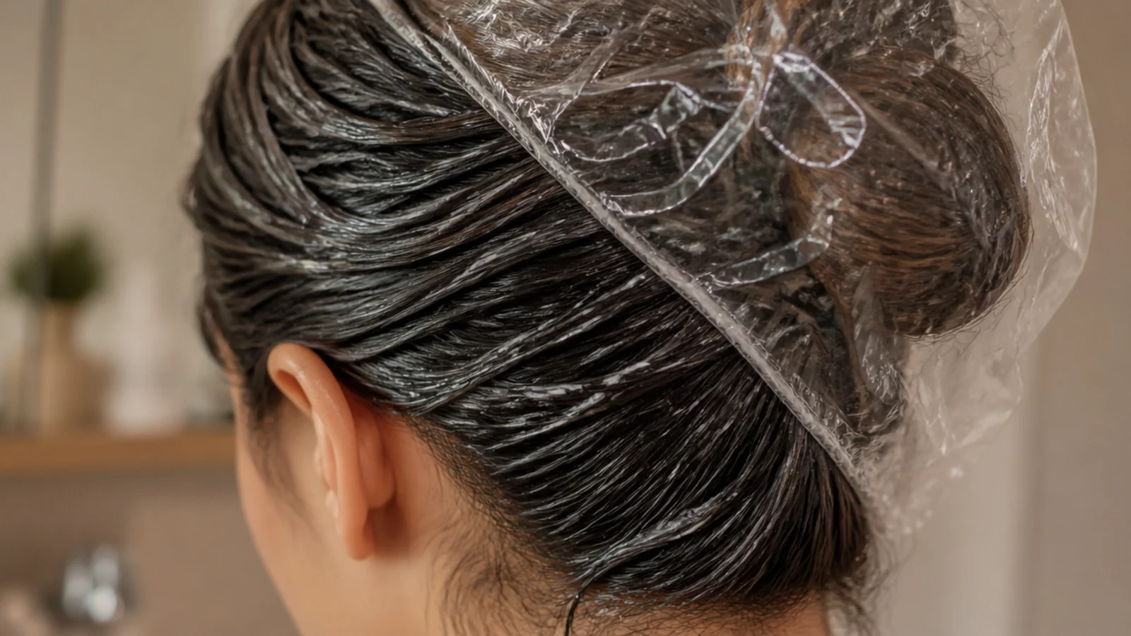 Hair mask applied from mid-lengths to ends and clipped up under a shower cap