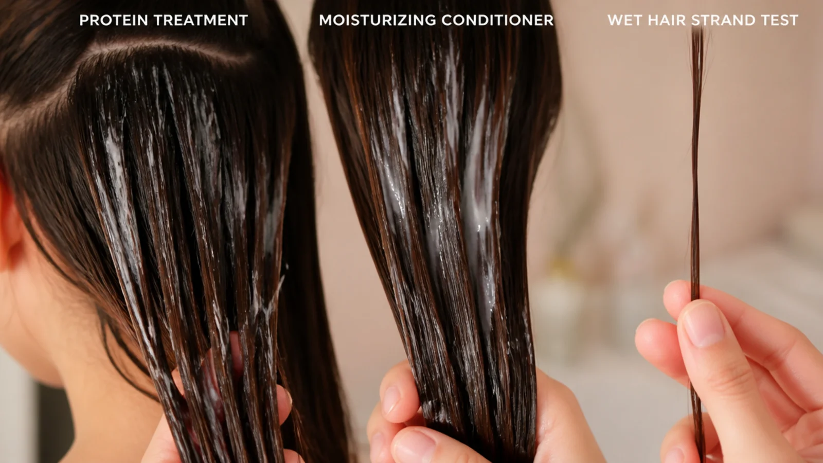 Protein treatment and moisturizing conditioner side by side with a wet hair strand test