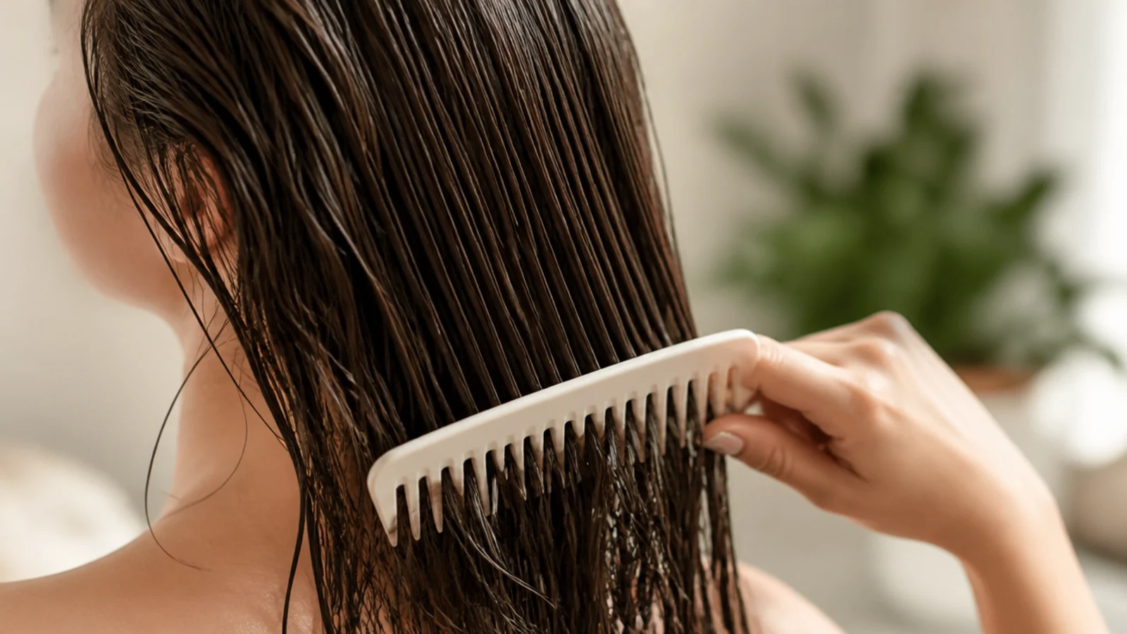 Wide-tooth comb working through the ends of conditioned wet hair before moving up the length