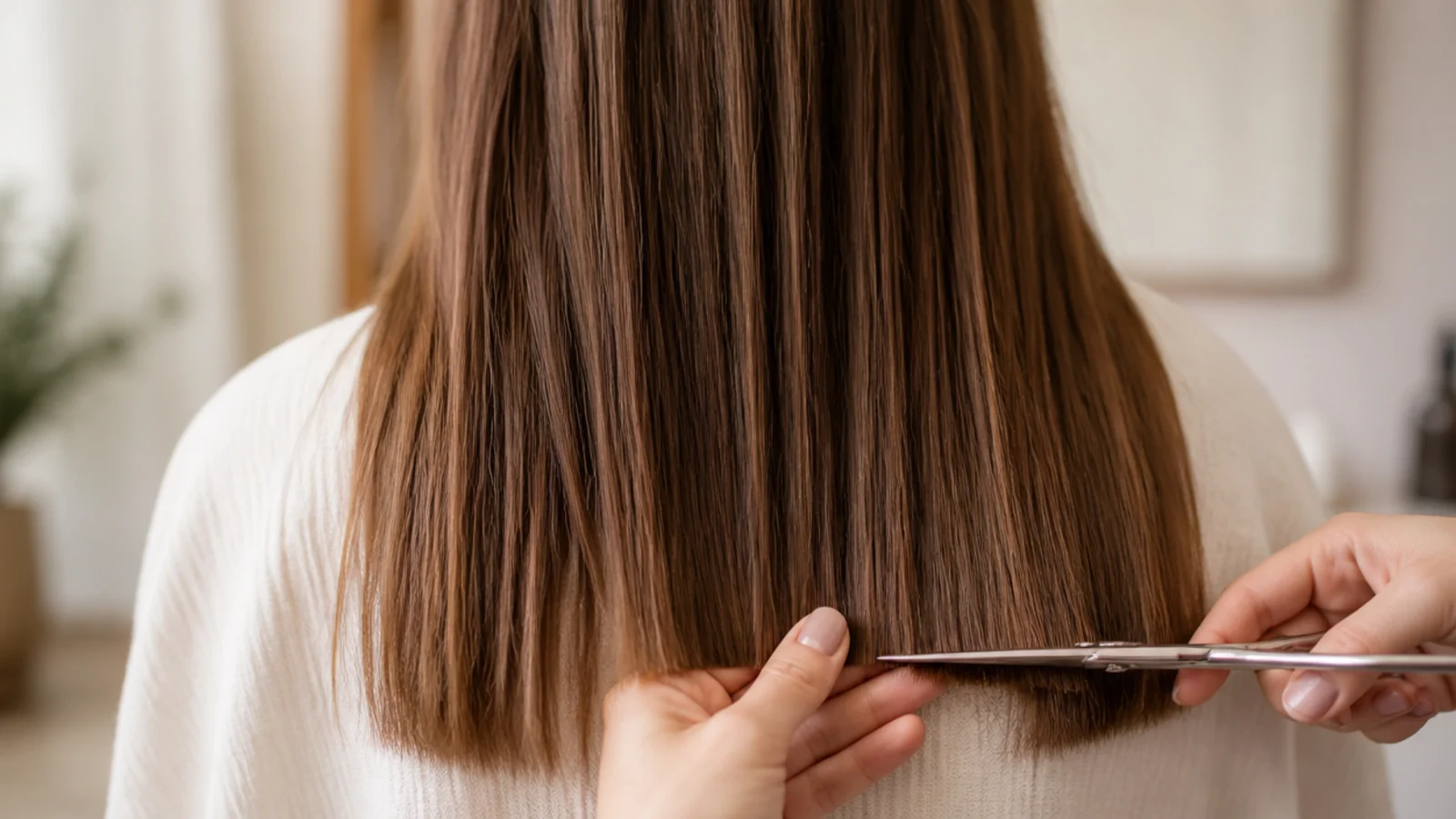 Stylist dusting a quarter inch off blunt ends of long hair with shears