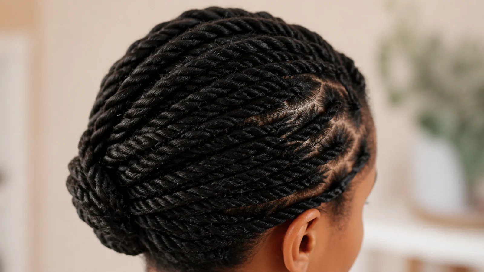 Loose two-strand twists worn as a low-tension protective style with ends tucked away