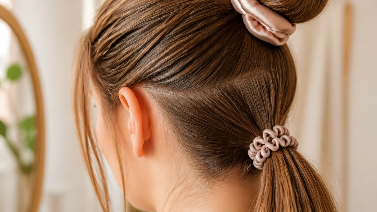 Silk scrunchies and spiral coils replacing metal-clasp elastics to prevent hair breakage