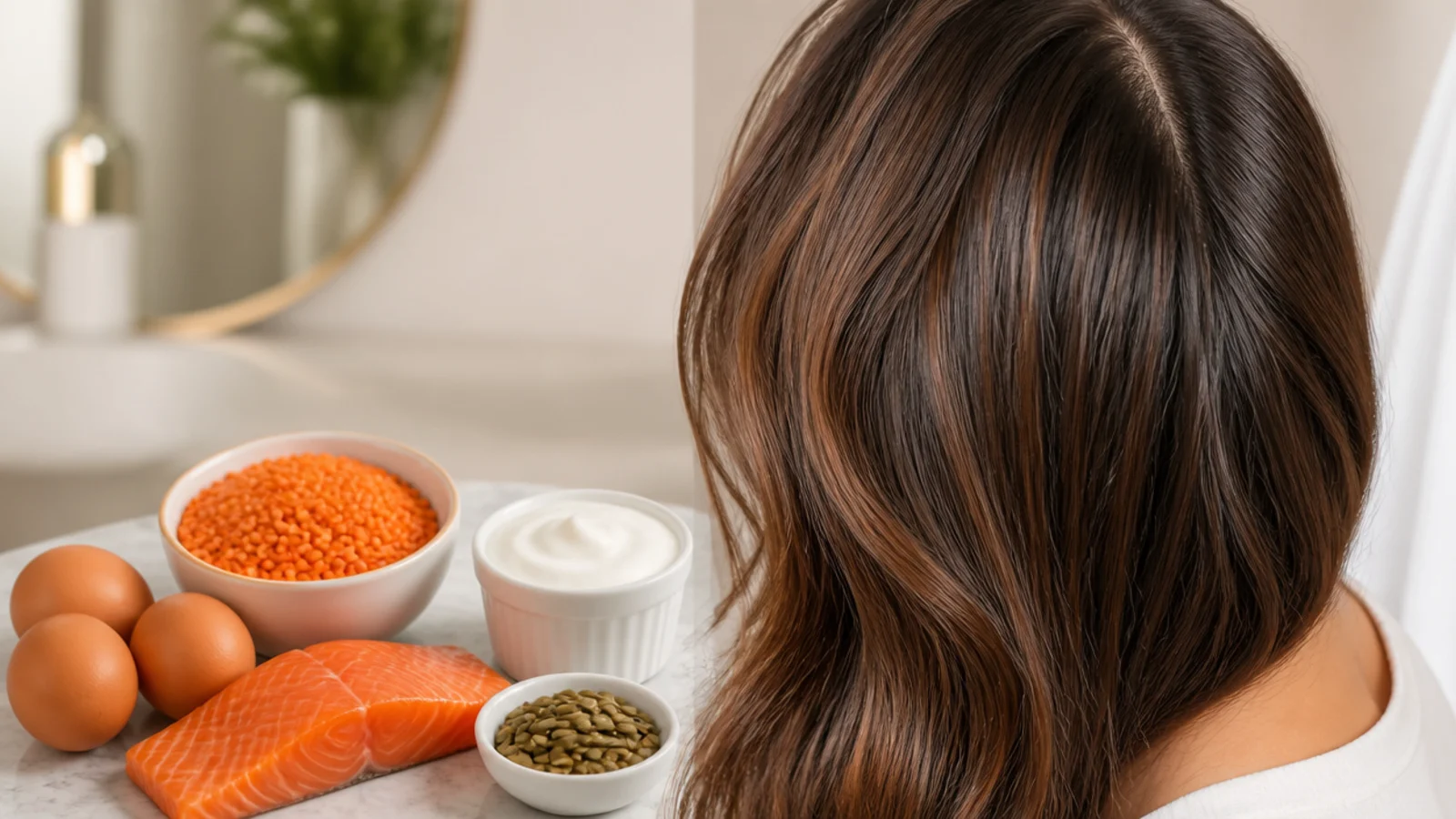 Eggs, salmon, lentils, Greek yogurt and pumpkin seeds arranged as protein for healthy hair growth