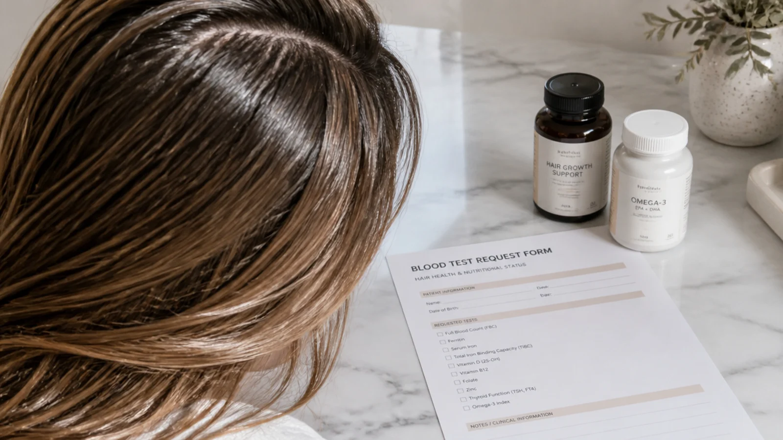 Blood test request form beside hair supplement bottles on a kitchen counter