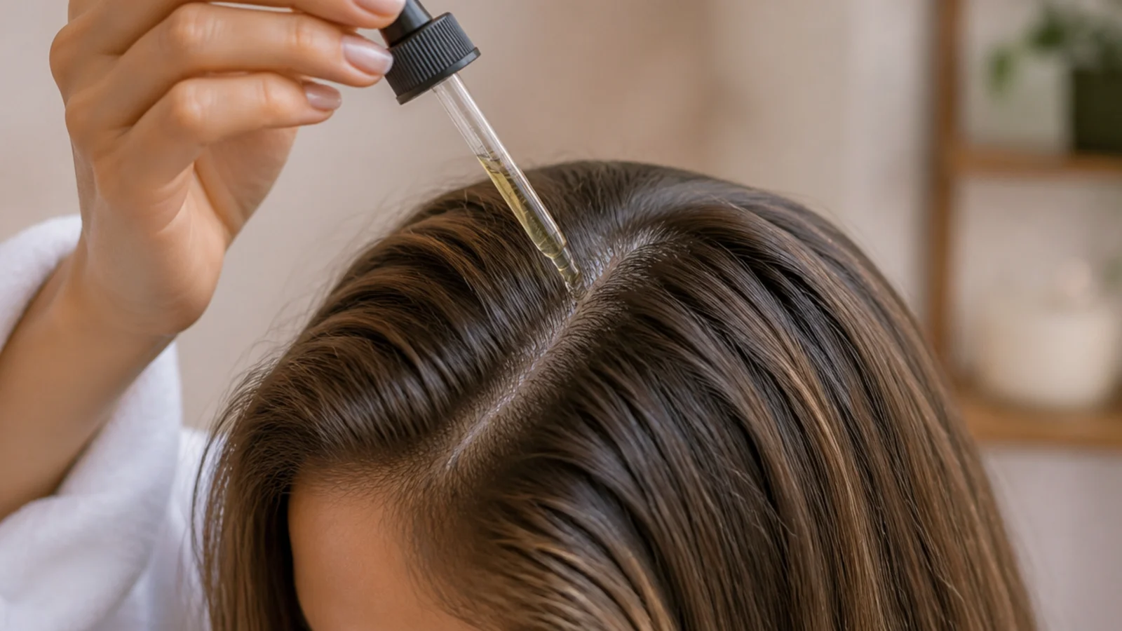 Rosemary oil diluted in jojoba carrier oil with a dropper applied along the scalp part