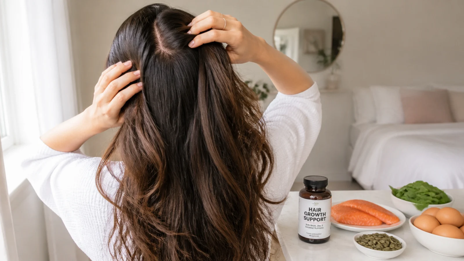 Salmon, spinach, eggs and pumpkin seeds beside a supplement bottle for honest hair growth advice