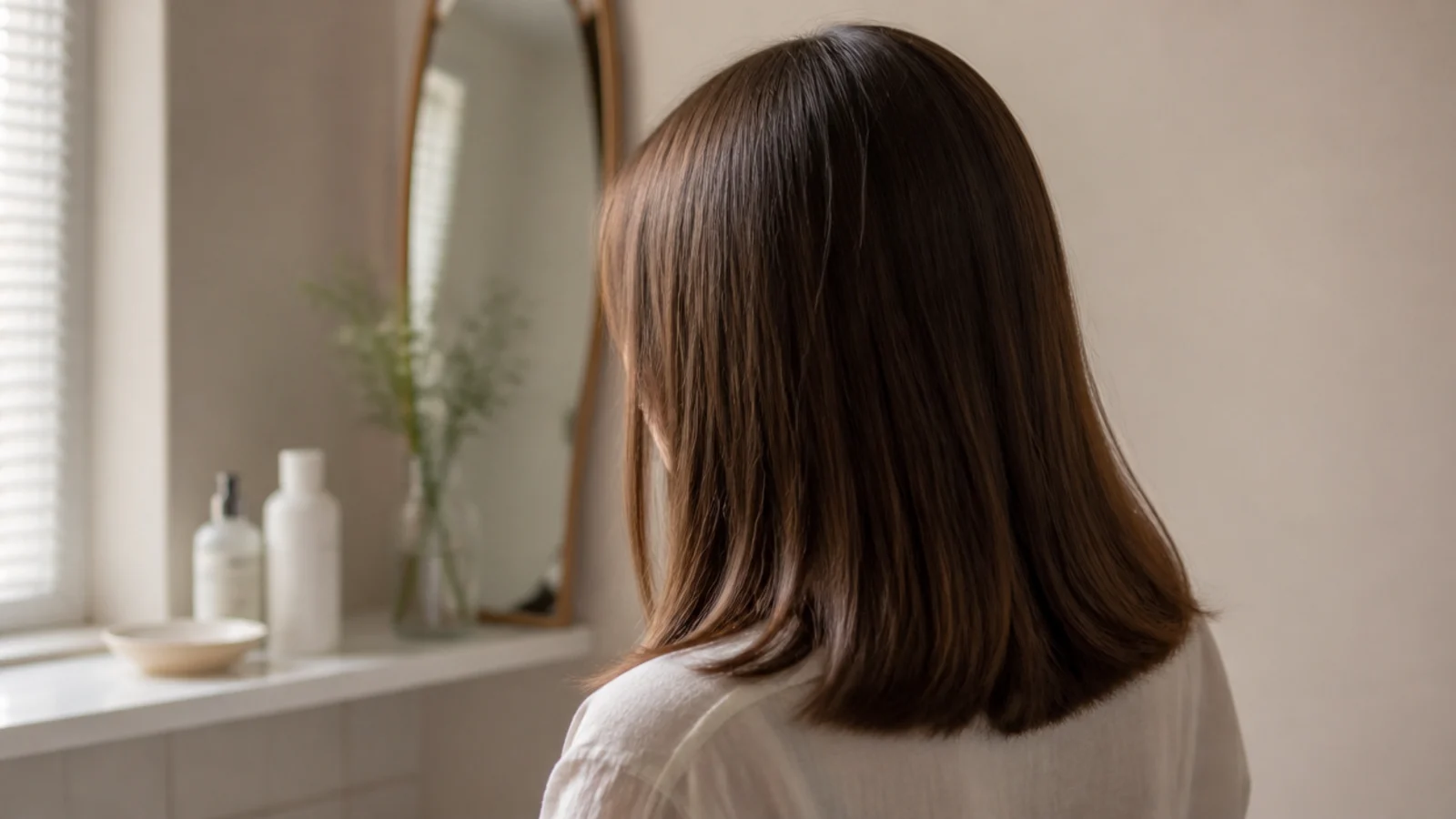 Healthy shoulder length brown hair with blunt ends and visible shine after a gentle wash routine