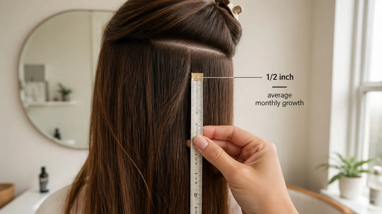 Tape measure held against a long section of hair showing half an inch of monthly growth