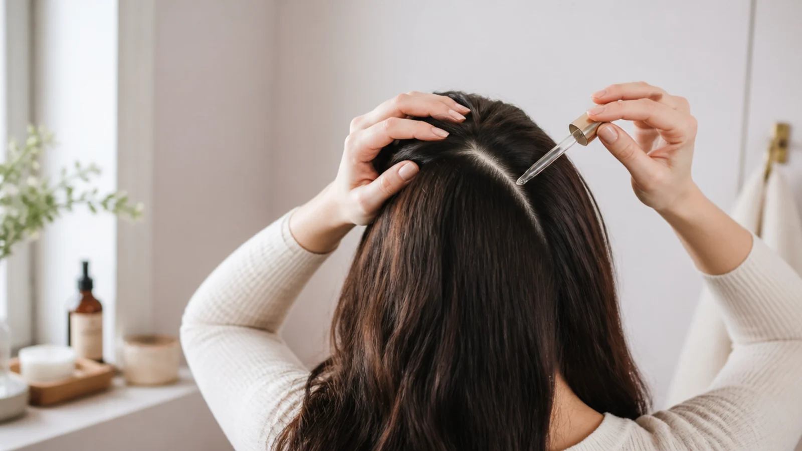 Clear healthy scalp visible at a clean part with no flaking, redness or product buildup