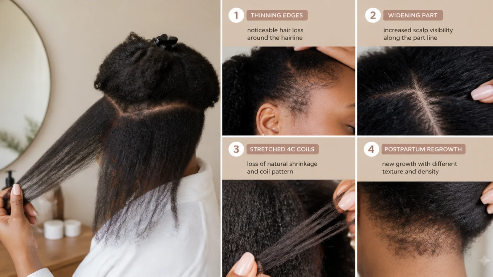 Thinning edges, a widening part, stretched 4C coils and postpartum regrowth shown as four hair concerns