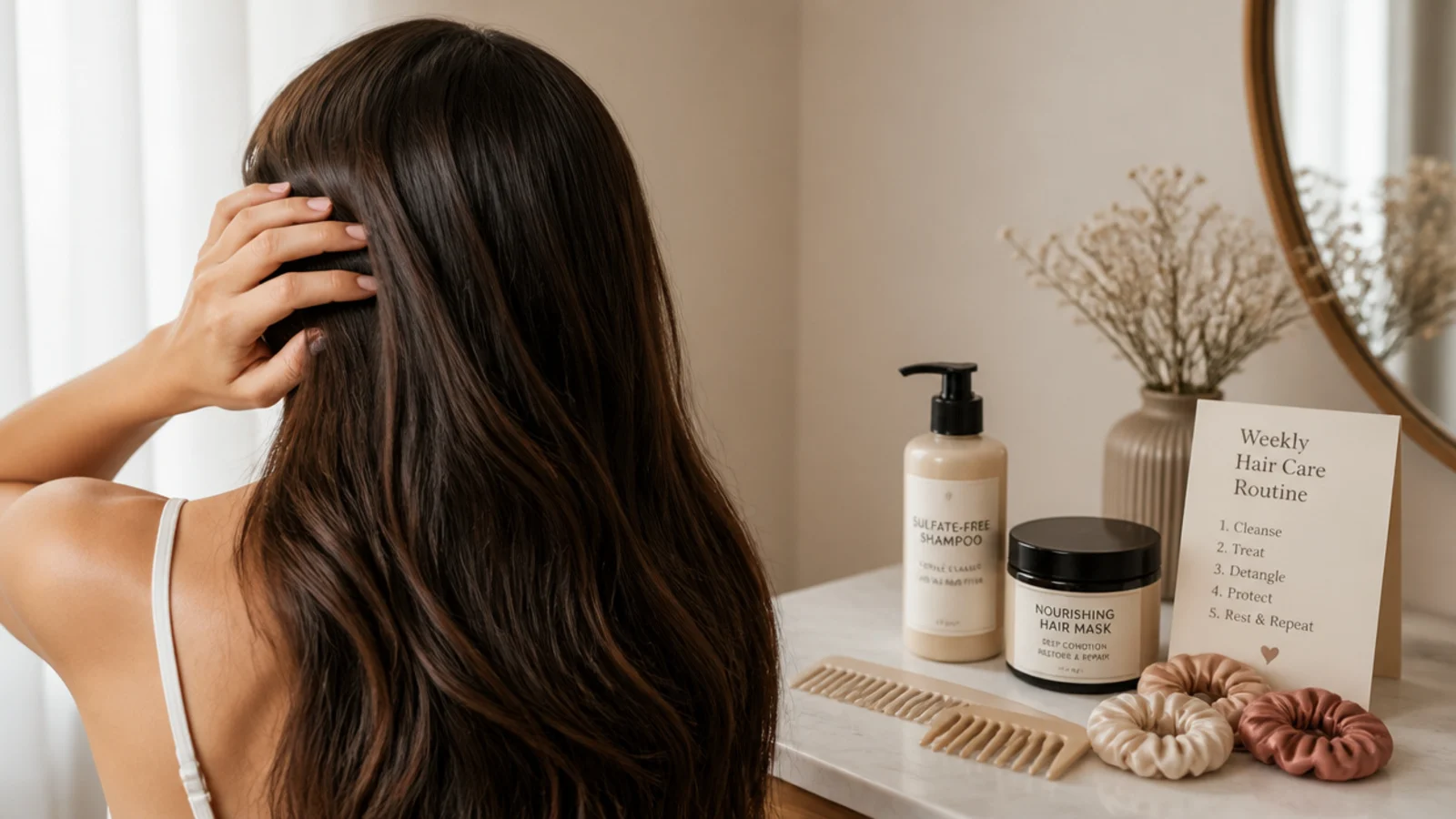 Weekly hair care routine laid out with sulfate-free shampoo, mask, wide-tooth comb and satin scrunchies