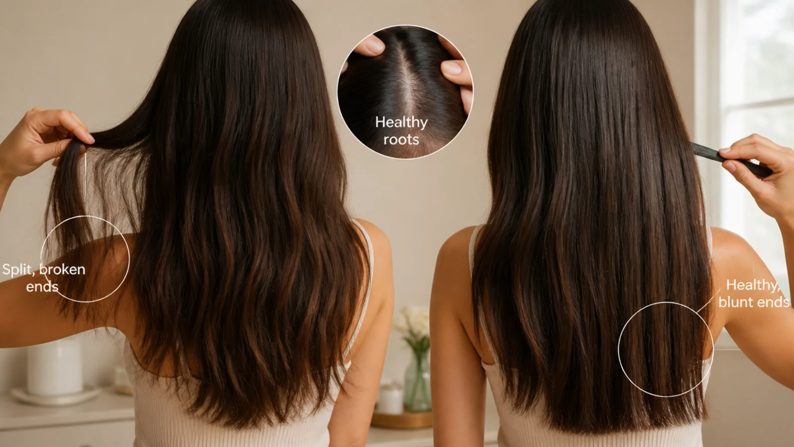 Split and broken ends compared with healthy blunt ends showing why hair looks stuck at one length