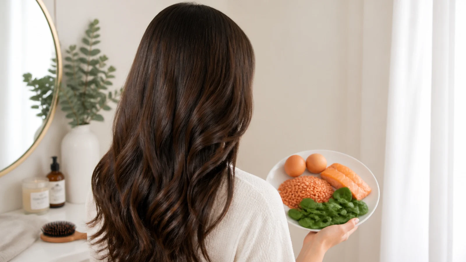Eggs, lentils, spinach and salmon on a plate as protein and iron rich foods that support hair growth
