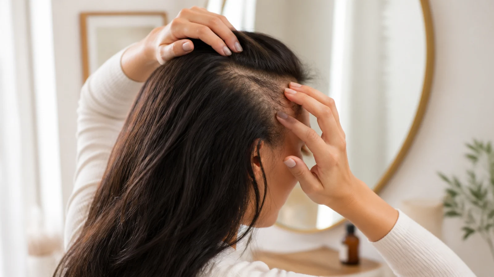 Thinning edges along a hairline being examined, a sign to see a dermatologist rather than self treat