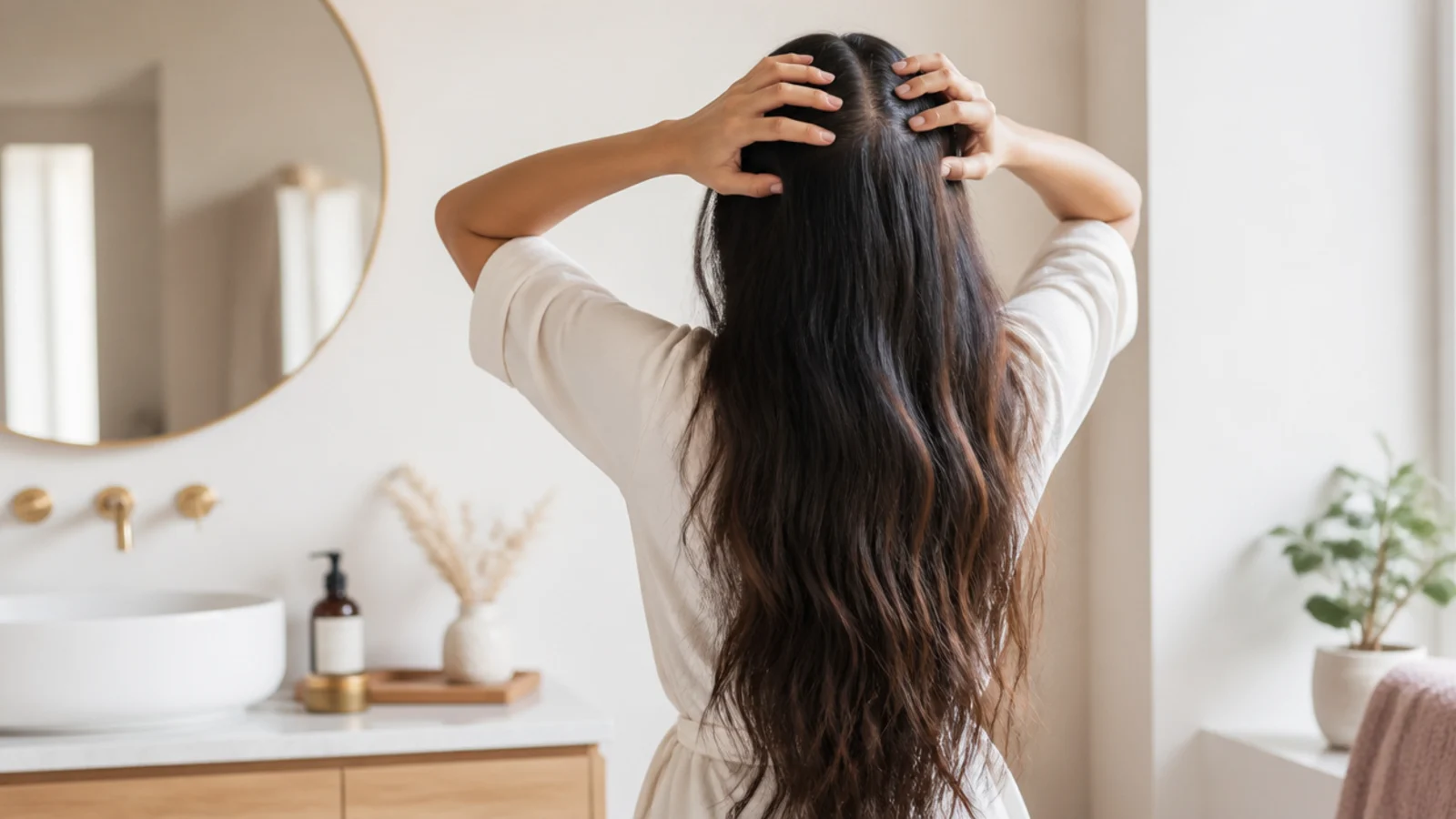 Waist length hair being finger massaged at the scalp as part of at home hair growth tips