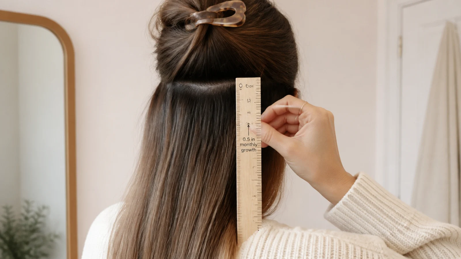 A ruler held against a section of hair illustrating half an inch of monthly hair growth