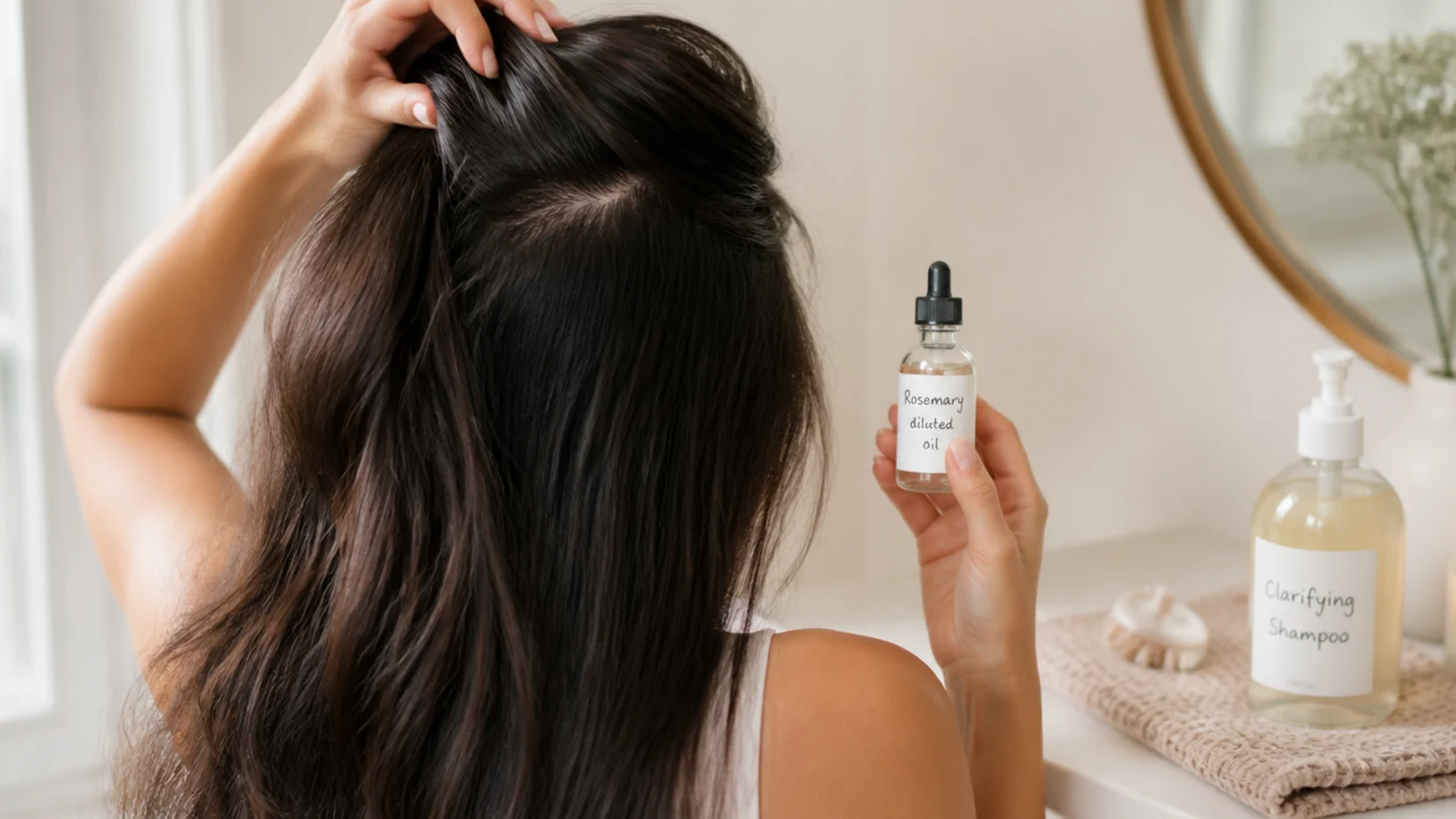 A clarifying shampoo and diluted rosemary oil laid out for an at home scalp health routine
