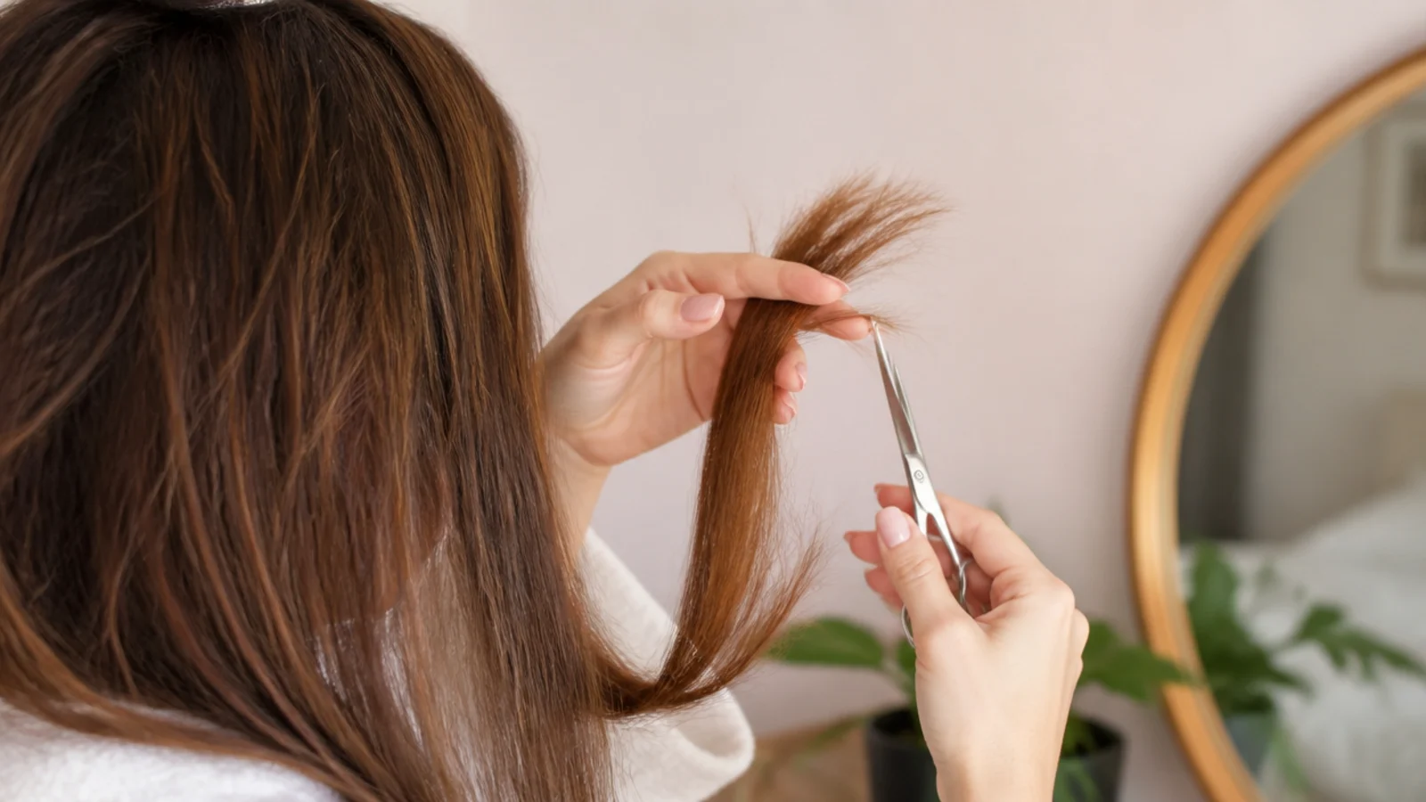 Split ends held up to the light showing frayed strands that need a quarter inch trim
