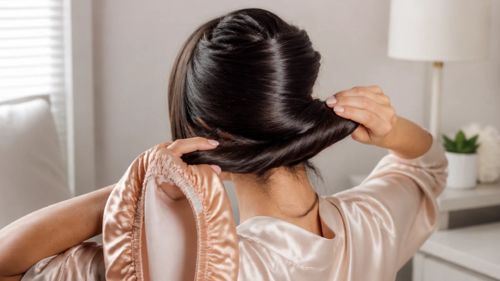 Hair loosely twisted on a satin pillowcase and a satin bonnet ready for bed