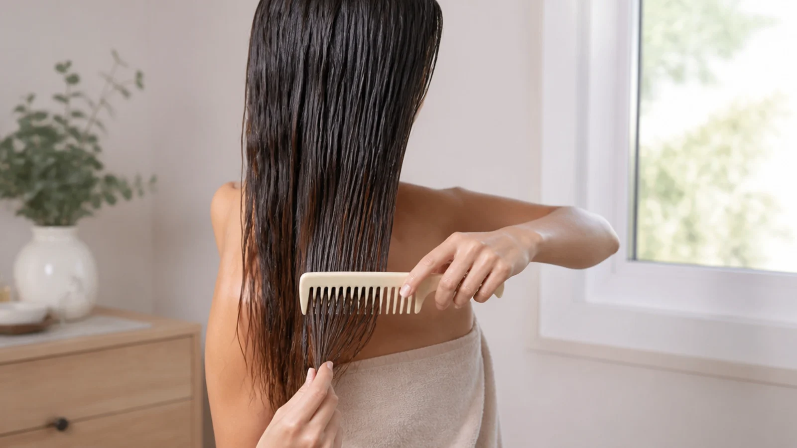 A wide-tooth comb detangling the bottom two inches of damp hair before working upward