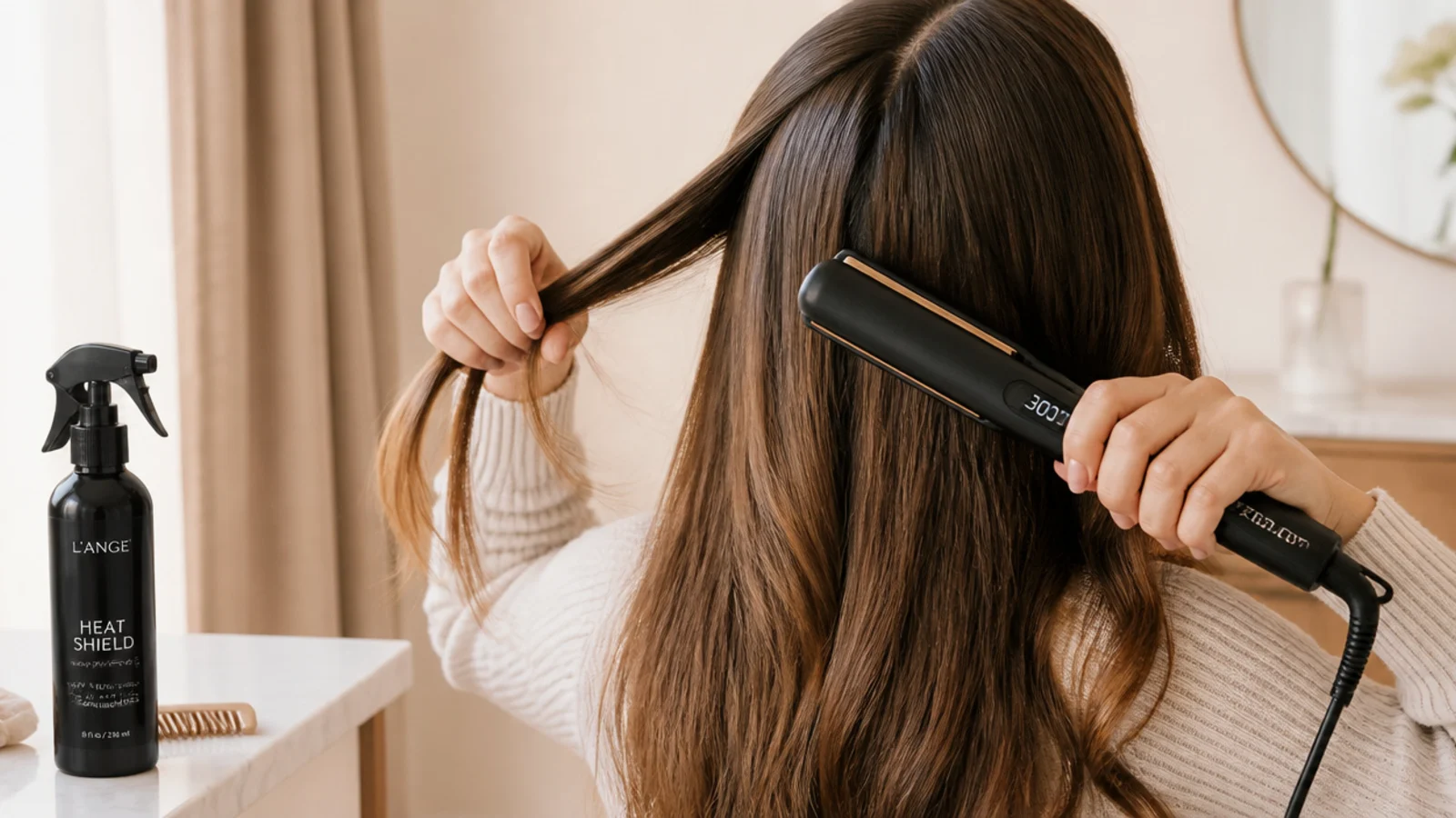 A flat iron set to 300 degrees beside a heat protectant spray for once weekly styling