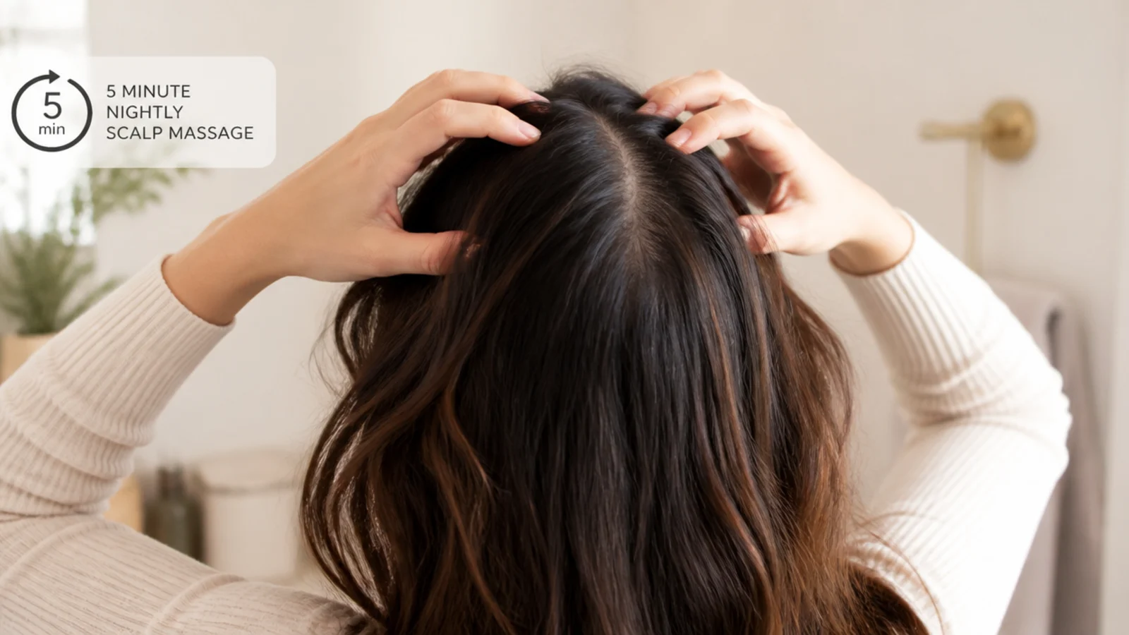 Fingertips making small circles at the crown during a five minute nightly scalp massage