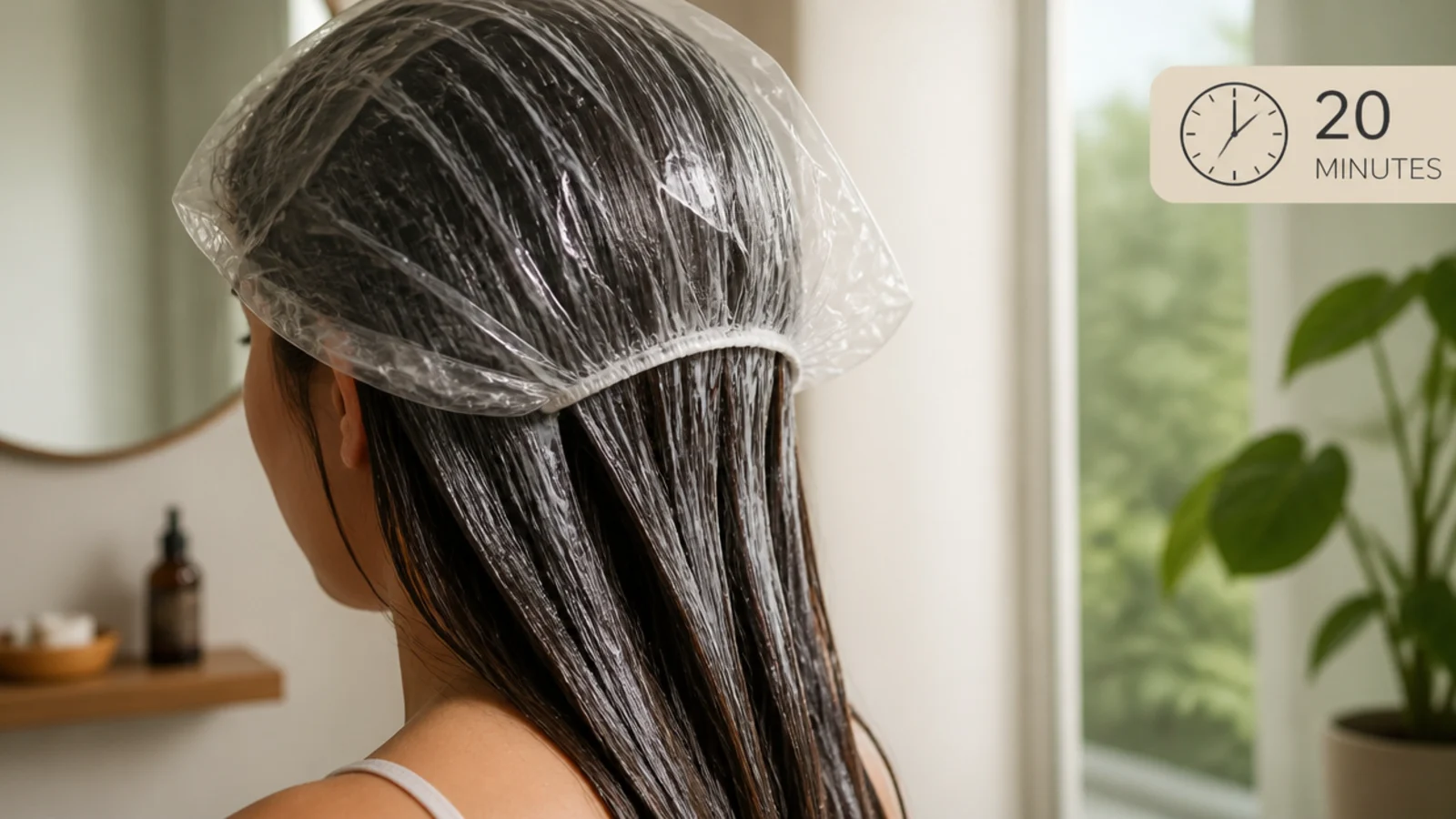 Deep conditioner applied to mid lengths and ends under a plastic shower cap for twenty minutes
