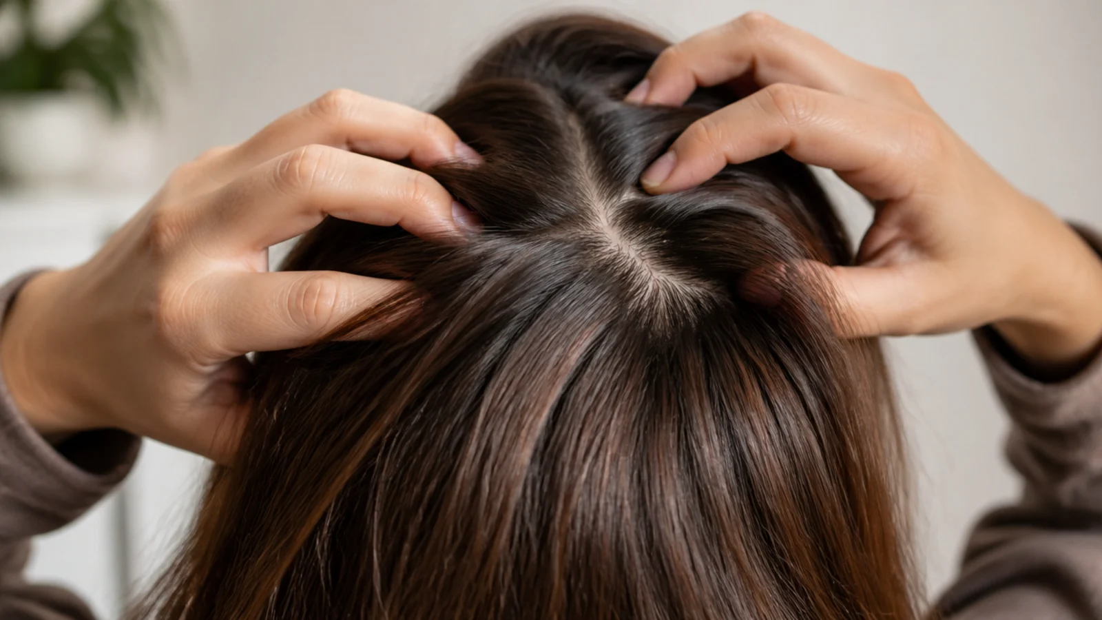 Fingertips massaging the scalp in small circles at the crown for hair growth