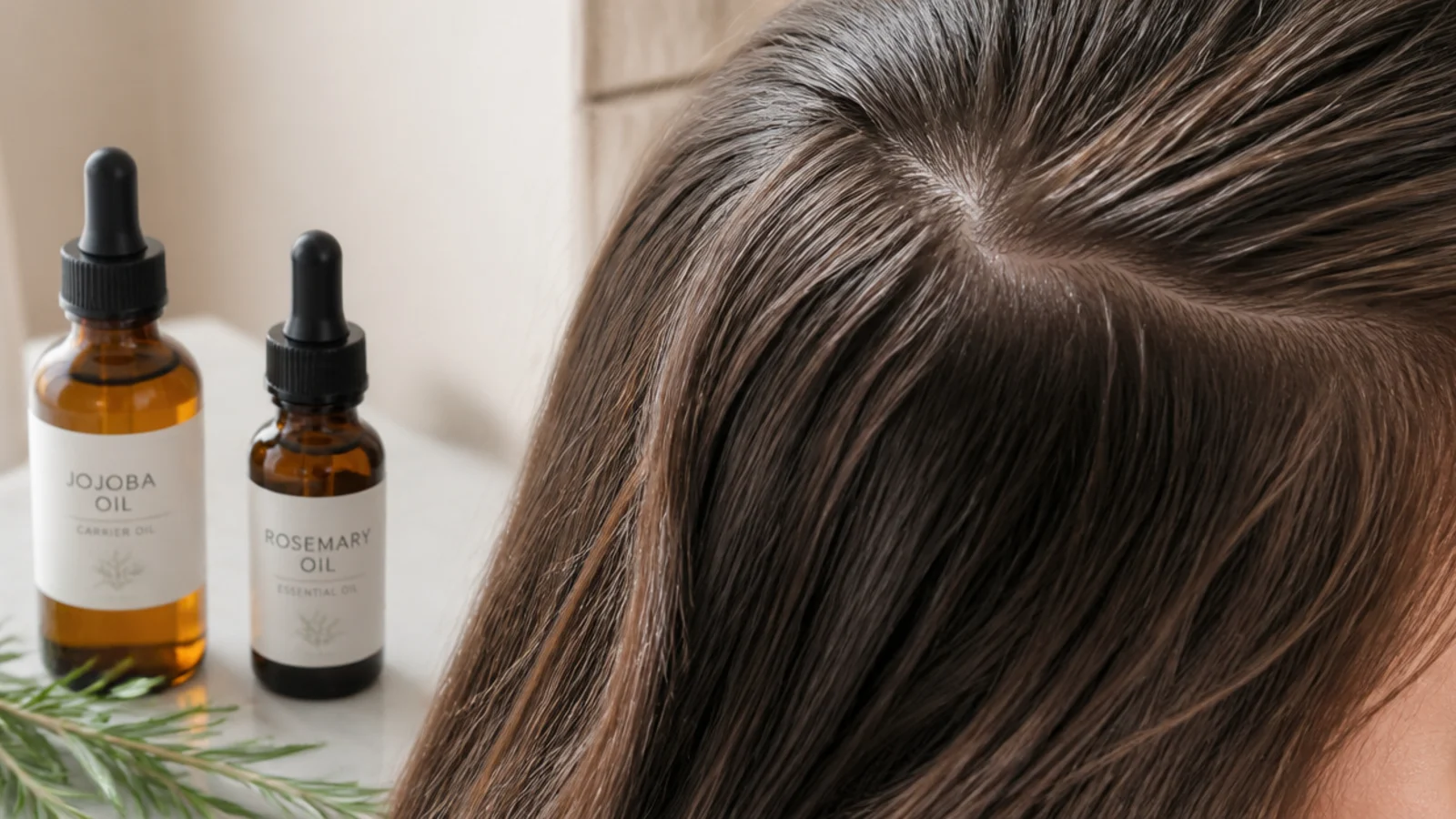 Rosemary essential oil bottle beside jojoba carrier oil for a diluted scalp treatment