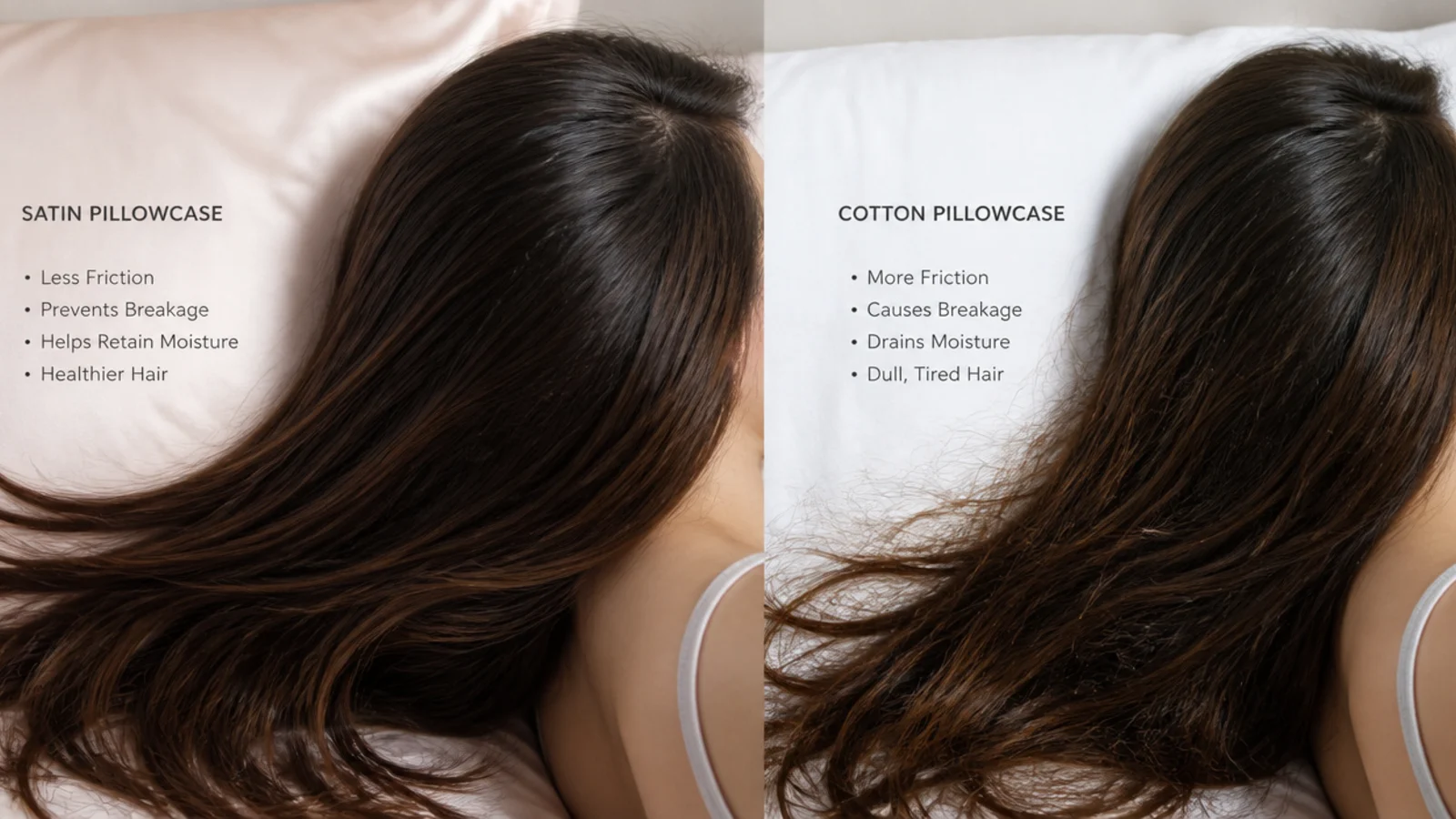 Satin pillowcase with hair spread across it compared to a cotton pillowcase for less breakage