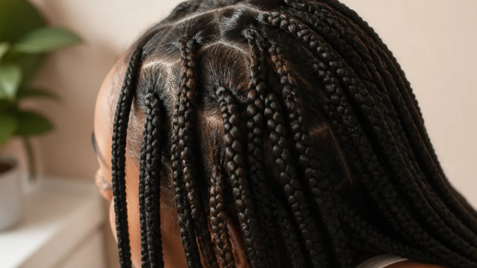 Loose protective box braids resting on the shoulder with a relaxed hairline and no tension