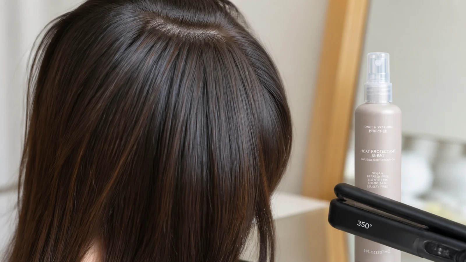 Flat iron set to 350 degrees beside a heat protectant spray for reduced heat damage