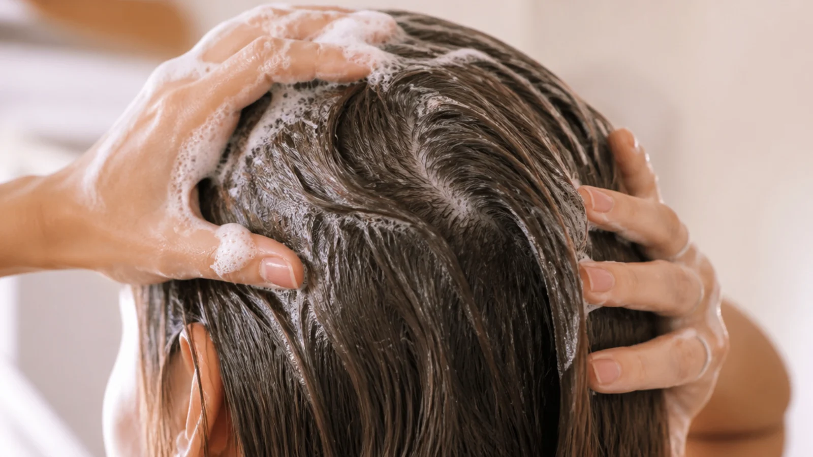 Clarifying shampoo lathered at the scalp to remove oil and product buildup around follicles
