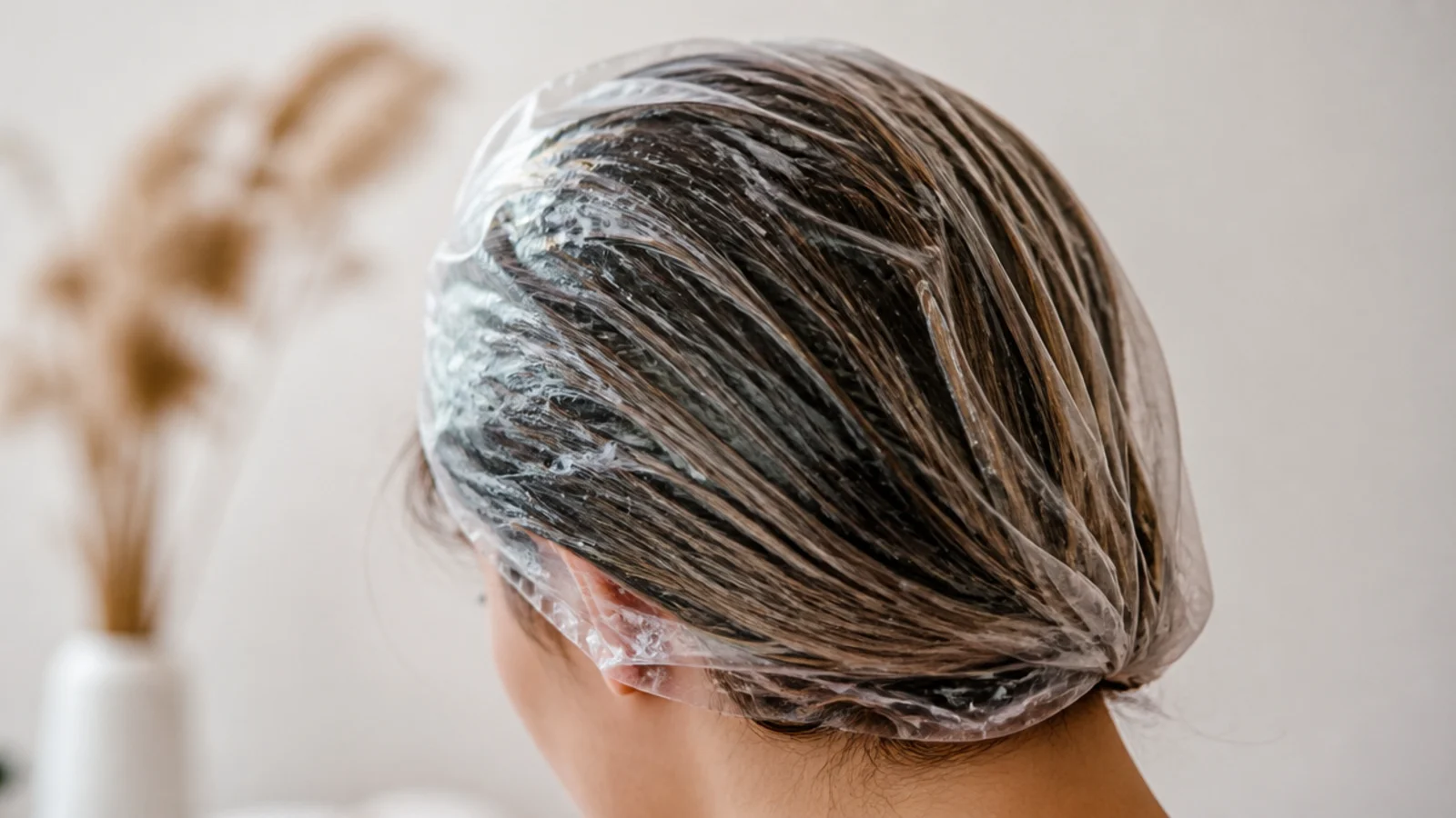 Deep conditioning mask smoothed through mid lengths and ends under a plastic cap