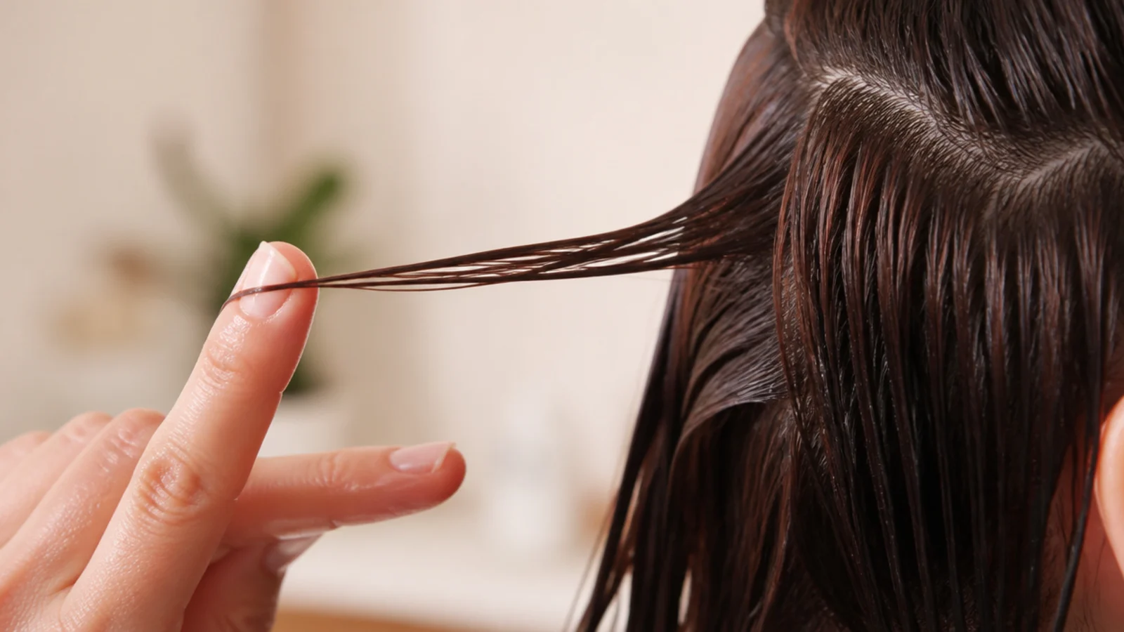 Wet strand of hair stretched between two fingers to test protein and moisture balance