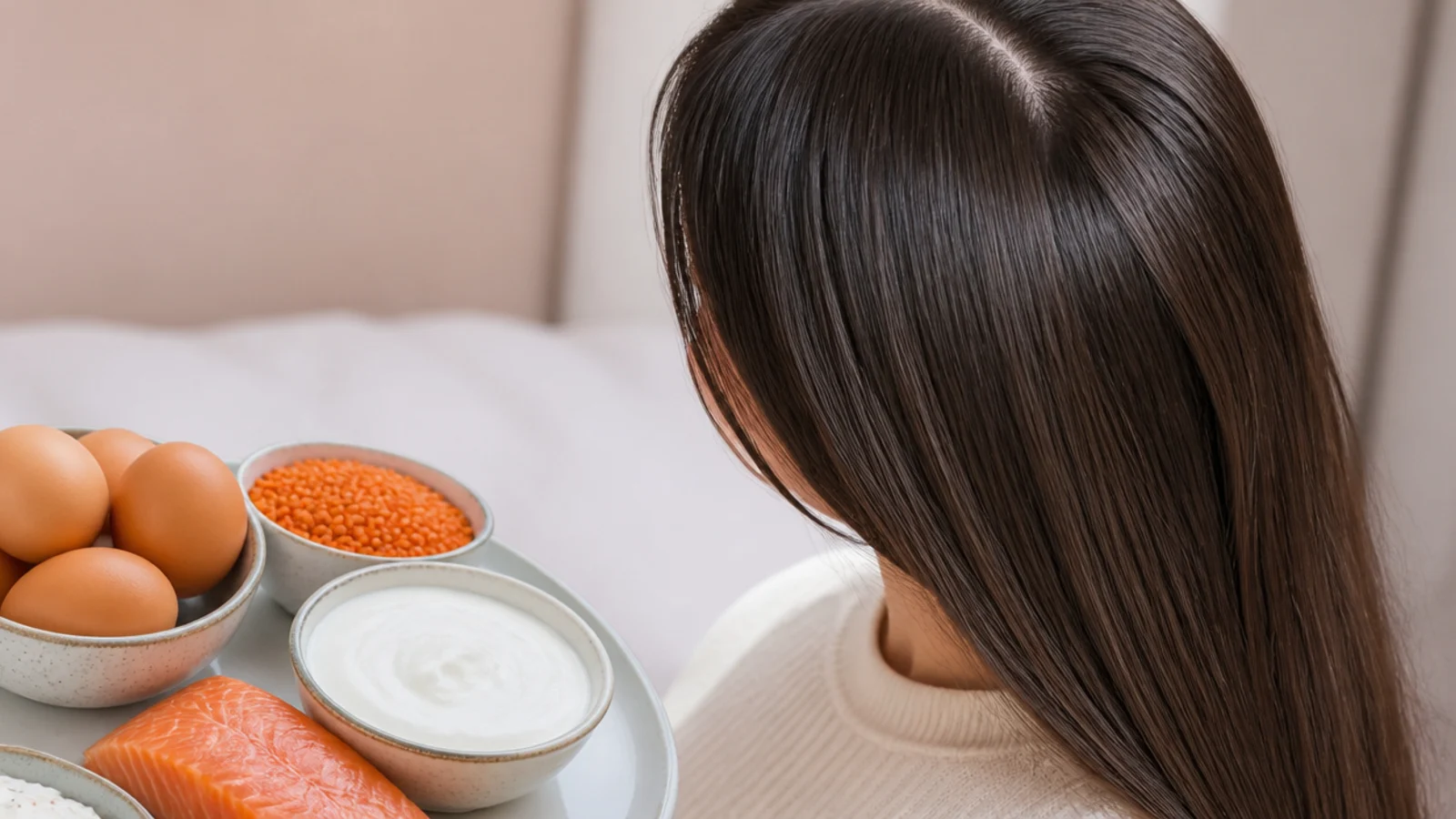 Eggs, salmon, lentils and Greek yogurt plated as protein sources supporting hair growth