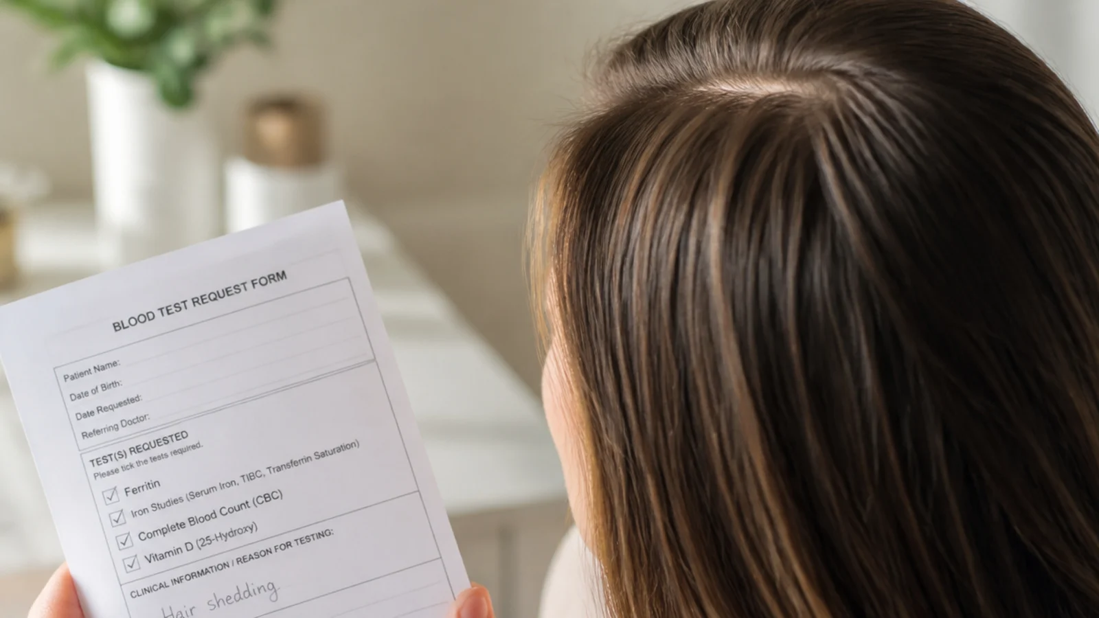 Blood test request form for ferritin, iron and vitamin D levels related to hair shedding