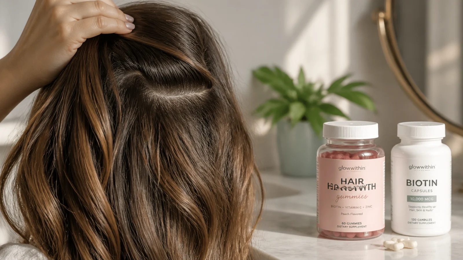 Biotin supplement capsules beside a hair growth gummy bottle on a bathroom counter
