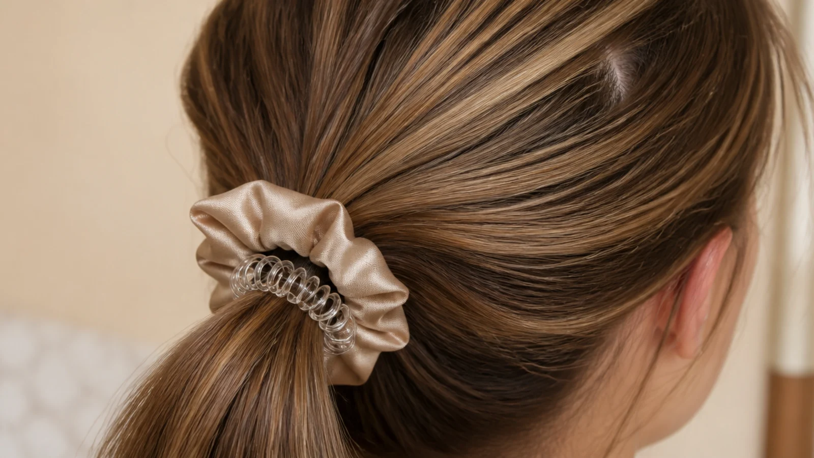 Satin scrunchie and spiral hair coil replacing a metal-clasp elastic hair tie