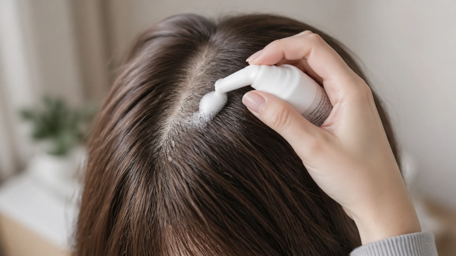 Topical minoxidil 5 percent foam applied along a widening part for thinning hair
