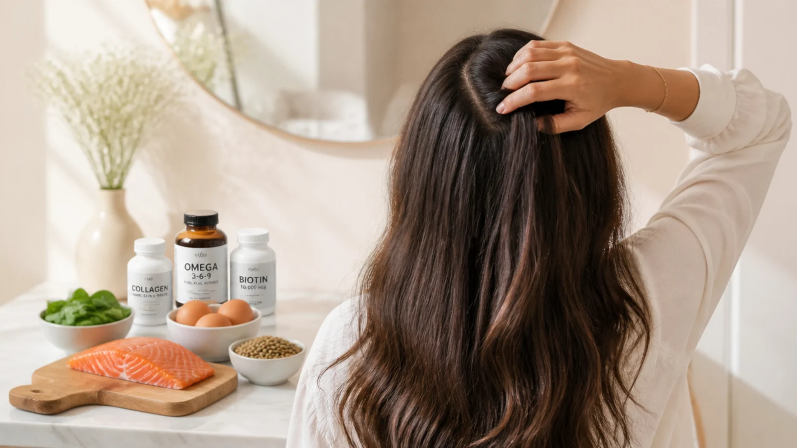 Salmon, eggs, spinach and lentils arranged beside supplement bottles for hair growth nutrition