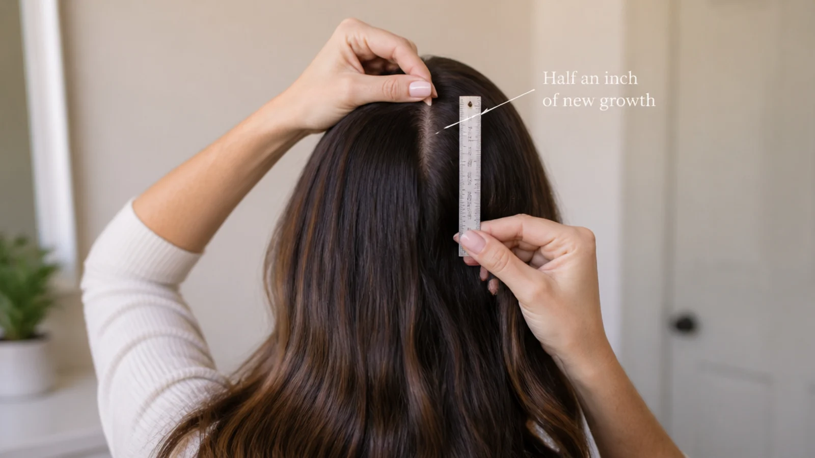 Ruler held against a section of hair showing half an inch of monthly hair growth at the root