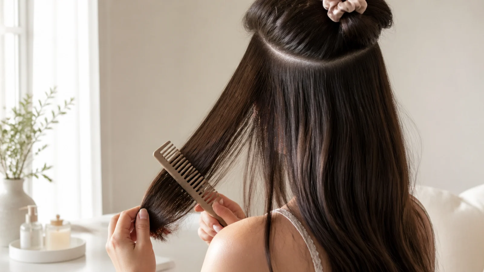 Long healthy hair sectioned to show blunt ends beside a wide tooth comb and satin scrunchie