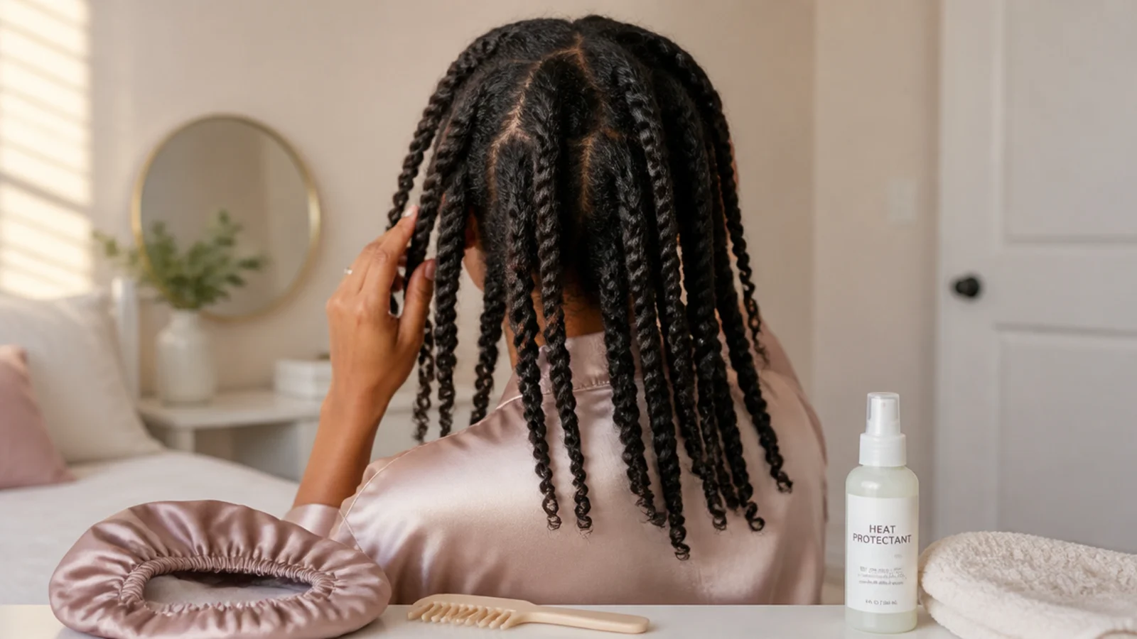 Satin bonnet, wide tooth comb, heat protectant and loose twists laid out as a low damage routine