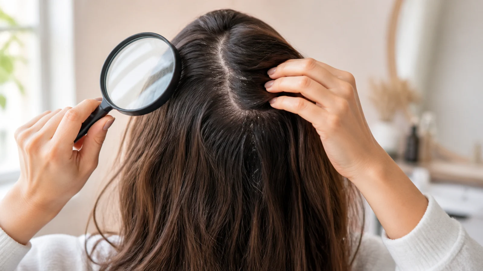 Sectioned scalp being examined for buildup and flaking as part of a hair growth routine