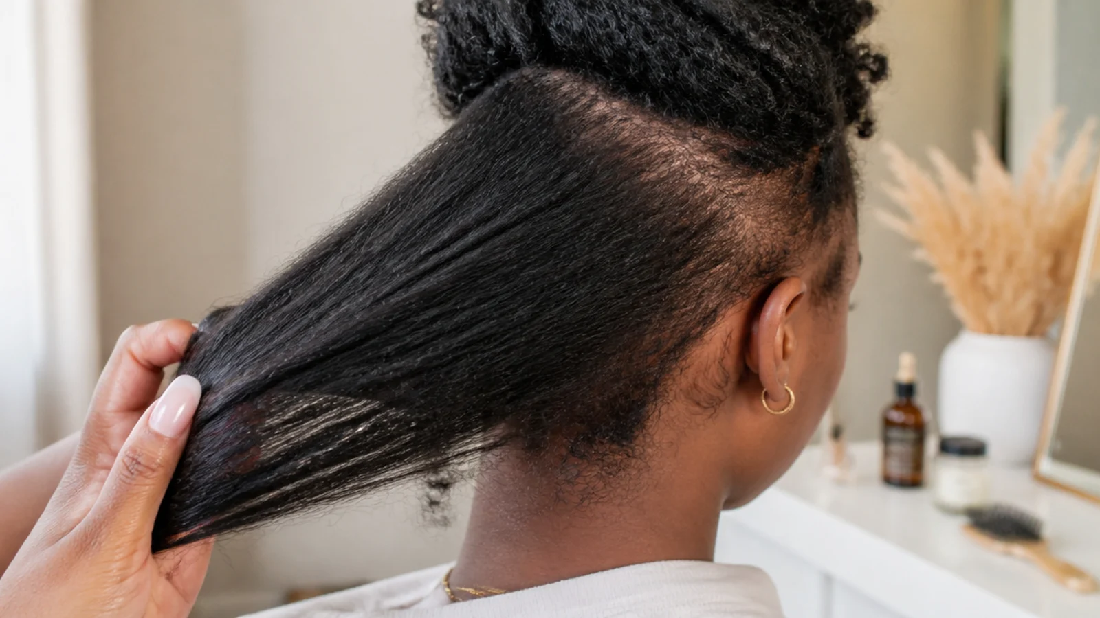 Close up of a thinning hairline and edges beside stretched coily hair showing true length