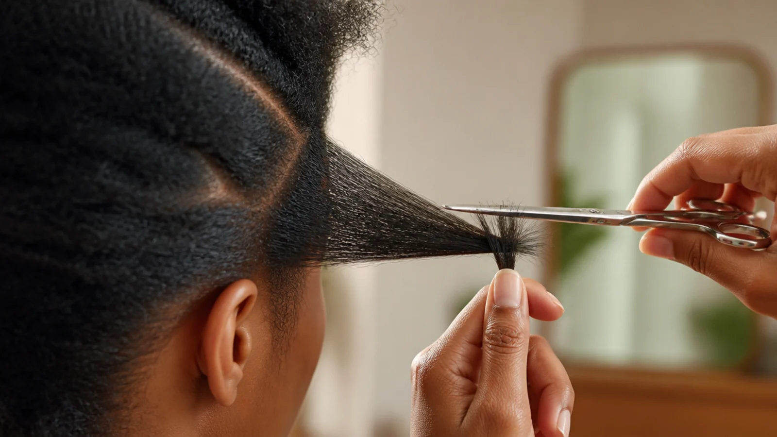 Hair shears trimming a quarter inch from stretched twisted ends of Black natural hair